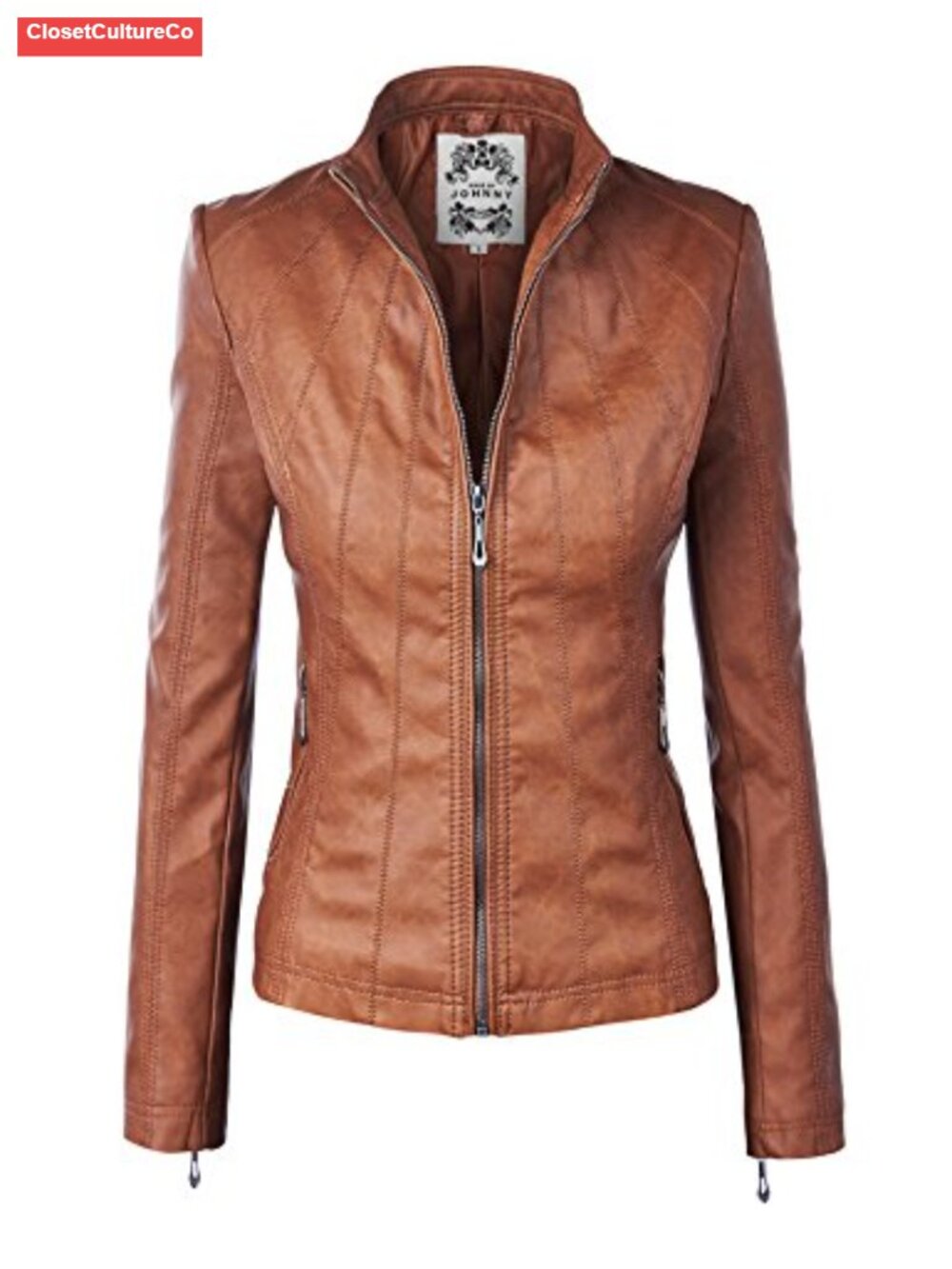 Faux Leather Moto Biker Jacket Zip Up Long Sleeve Fitted